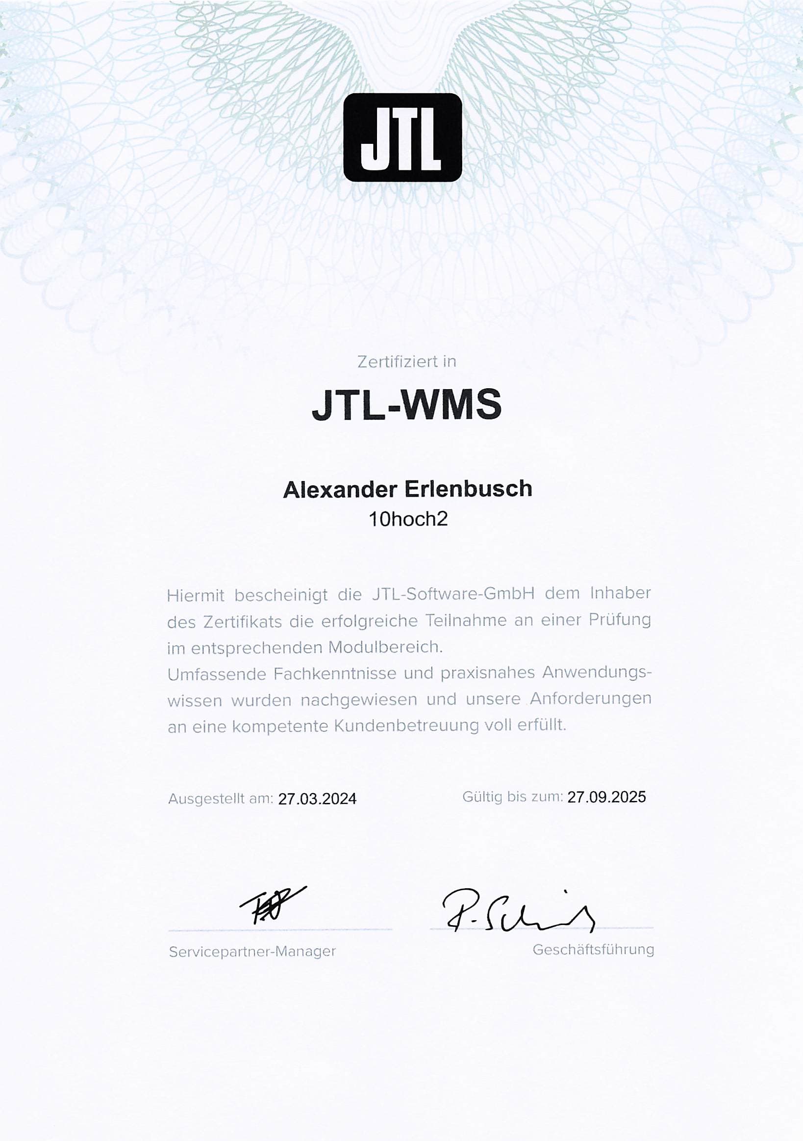 JTL-WMS Zertifikat